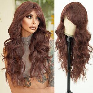 Long Wavy Reddish Brown Wigs With Bangs 28 Inch Chocolate Brown Side Part Curtai